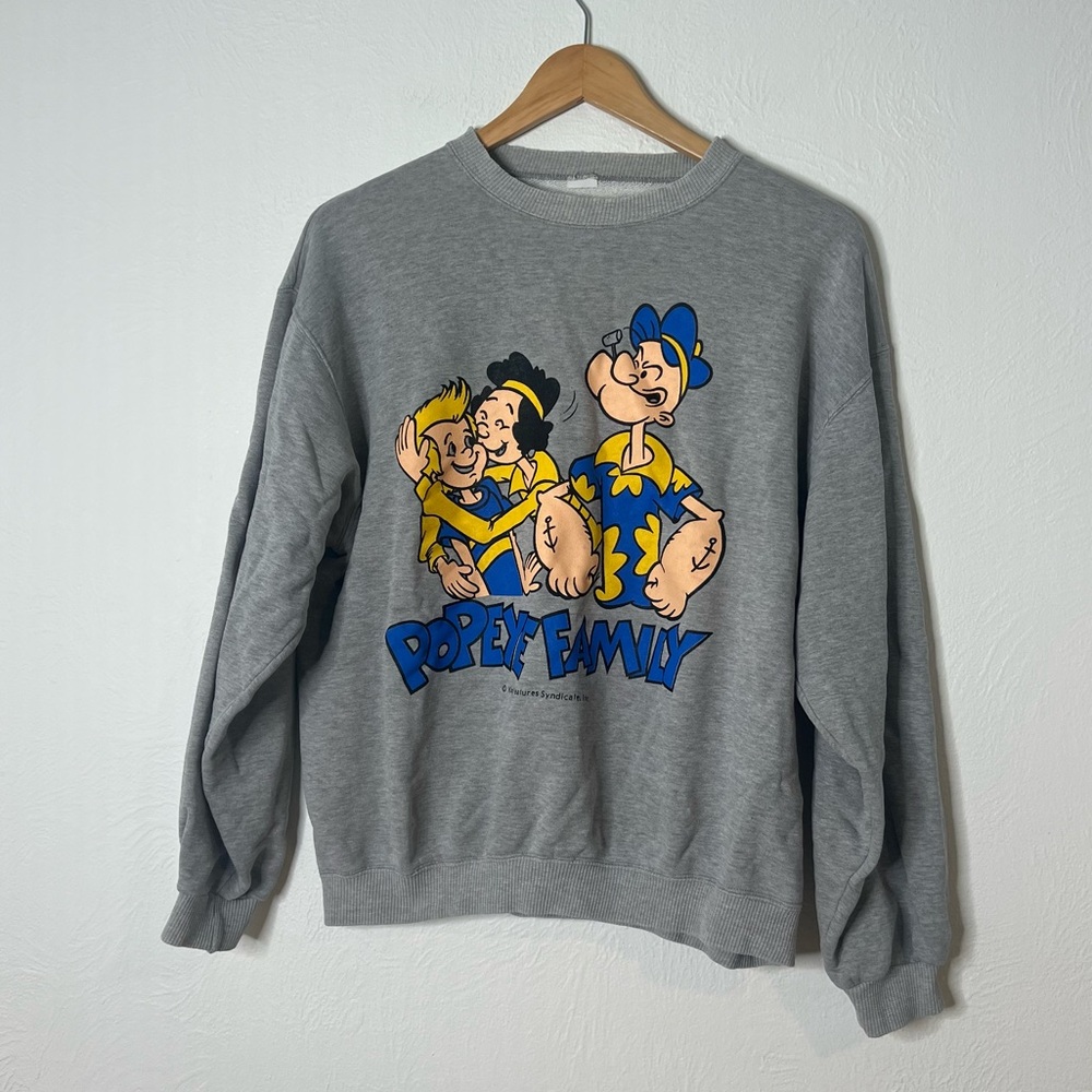 Vintage Popeye Family Cartoon Sweatshirt Gray Crewneck Graphic Print Size S
